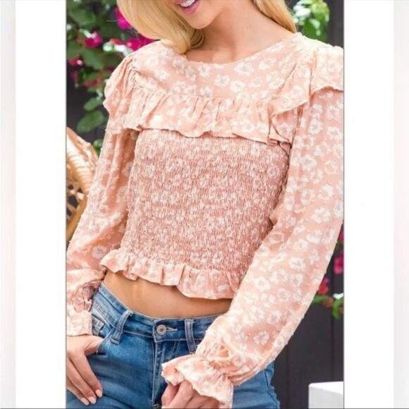 Blush & Cream Smocked Long Sleeve Top - Picture 3 of 3